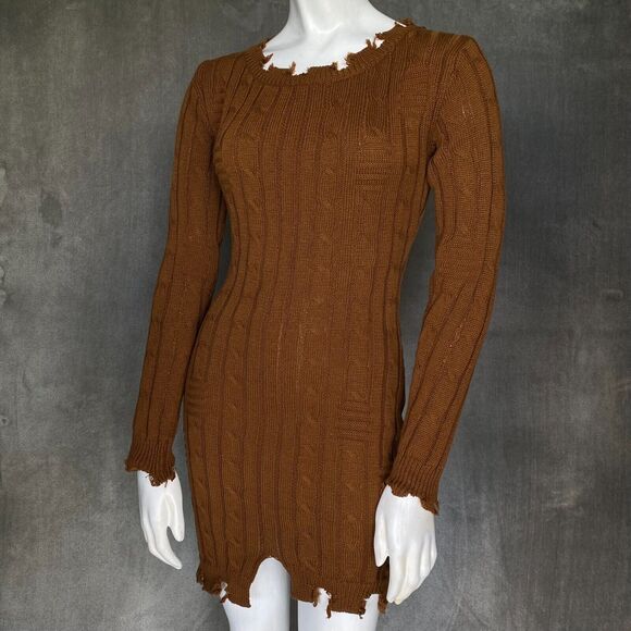 Womens Sweater Dress Cable Knit Brown Distressed Asymmetrical Hem Small Fall - Picture 1 of 16
